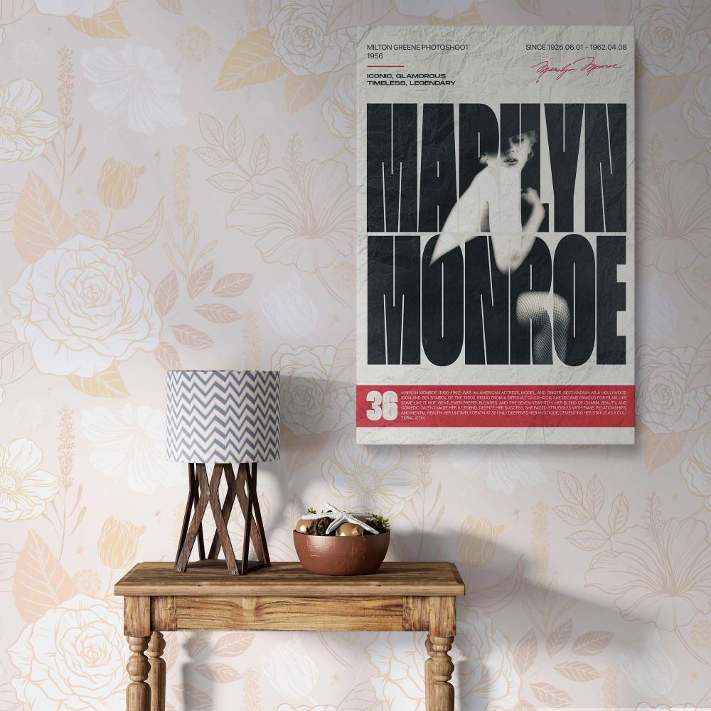 Marilyn Monroe wall art featuring a bold portrait from the Milton Greene 1956 photoshoot with oversized black typography makes a striking vintage Hollywood print that honors her legacy as a film legend and glamorous icon perfect for retro wall decor and c