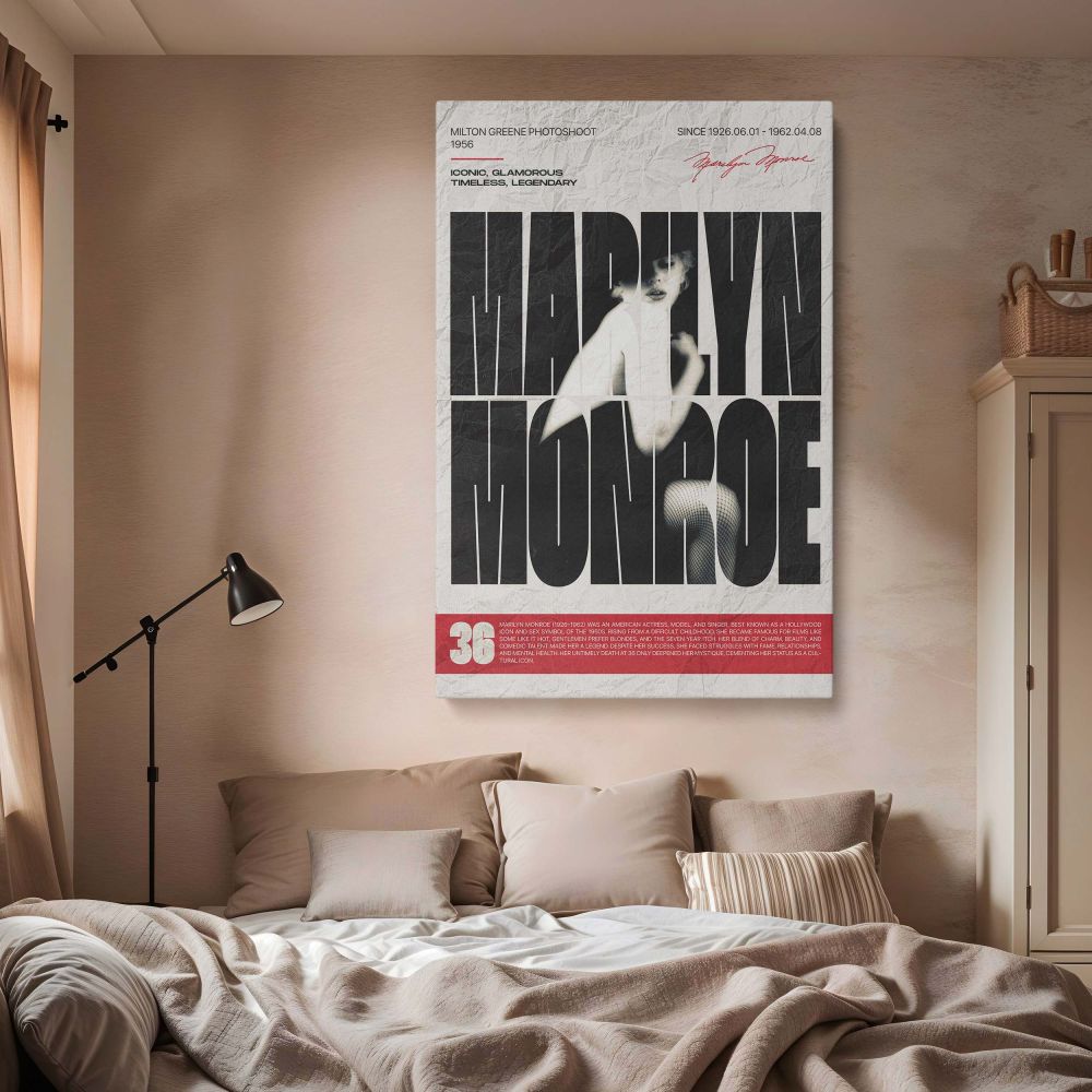 This artistic Marilyn Monroe print blends her famous Milton Greene photograph with bold vertical text spelling her name creating a dramatic black and white vintage Hollywood design ideal for collectors of classic film prints and retro glamour wall art.