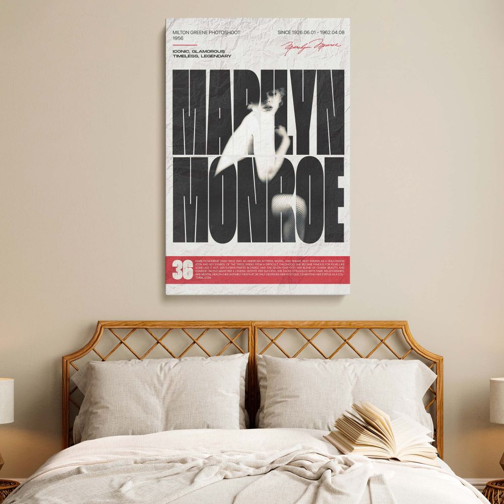 Featuring a modern twist on a classic image this Marilyn Monroe artwork captures her elegance from the Milton Greene session using strong graphic elements to celebrate her role as a vintage Hollywood icon and timeless figure in retro wall decor.