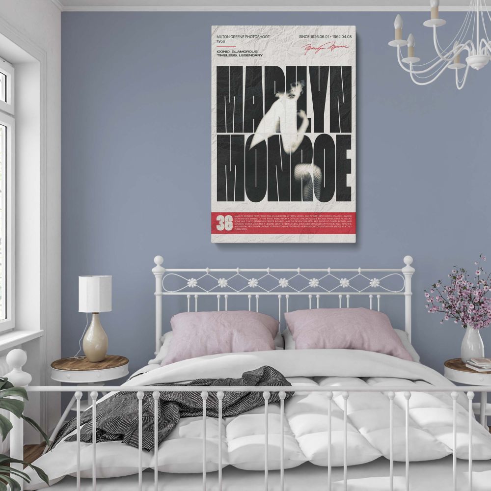 Retro wall art of Marilyn Monroe showcasing her iconic pose from the 1956 Milton Greene shoot set against a large name-based text overlay this print fuses vintage photography with pop design perfect for old Hollywood decor and classic film fans.
