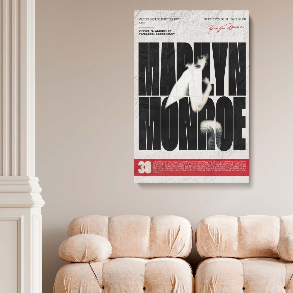 This black and white canvas print of Marilyn Monroe reimagines her Milton Greene photoshoot portrait with striking bold letters in the background paying tribute to her glamorous legacy and offering a vintage Hollywood print for elegant modern interiors.