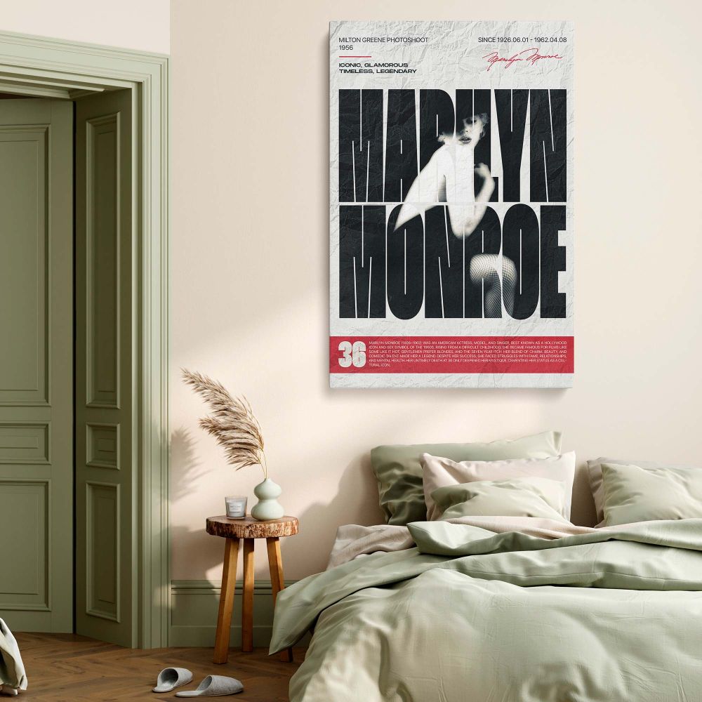 An iconic Marilyn Monroe portrait from Milton Greene's legendary 1956 session integrated with powerful black text design creates a unique vintage wall art piece perfect for fans of retro film style and midcentury pop culture memorabilia.