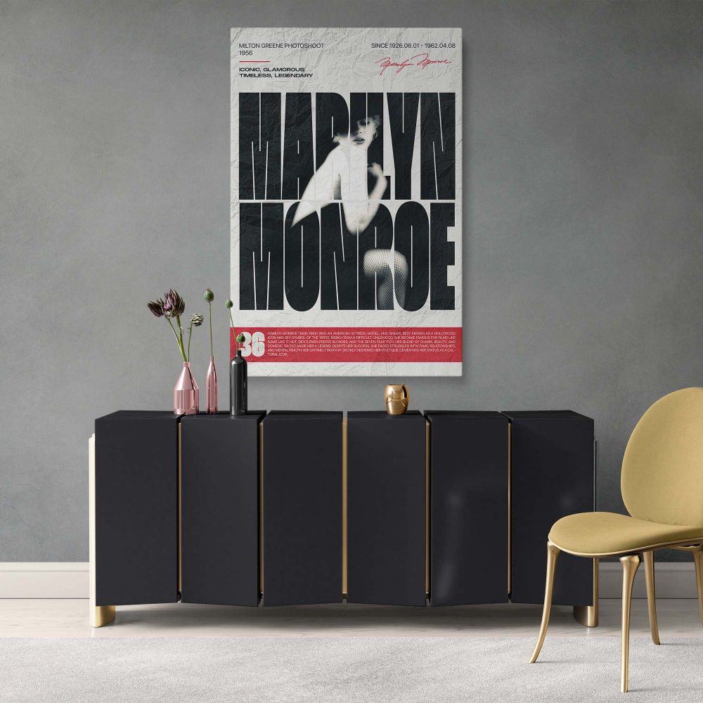 Combining visual storytelling and graphic design this Marilyn Monroe vintage Hollywood print highlights her timeless charm from the Milton Greene era ideal for collectors seeking sophisticated retro wall art of iconic film stars.