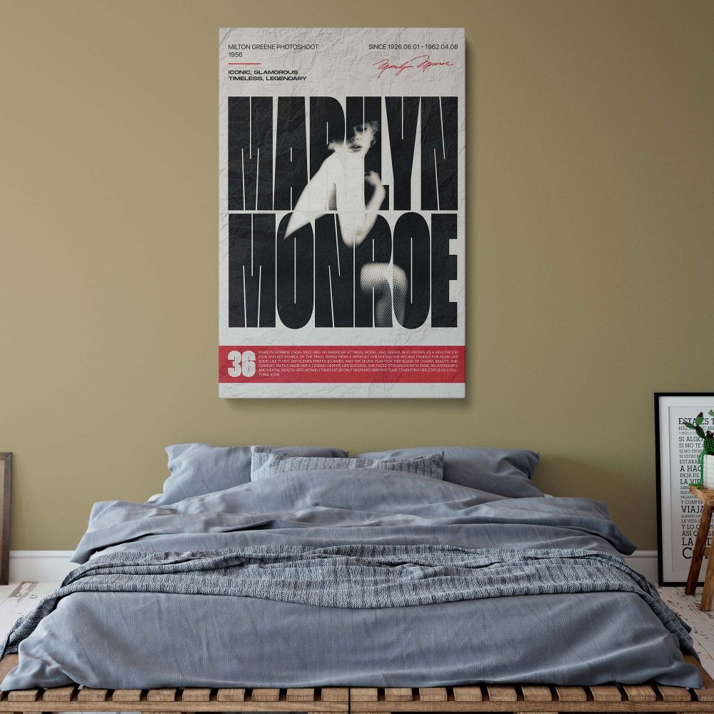 Striking composition of Marilyn Monroe's image with typographic treatment over her form from the Milton Greene photoshoot this artwork delivers old Hollywood sophistication and is a must-have for any classic cinema and vintage decor collector.