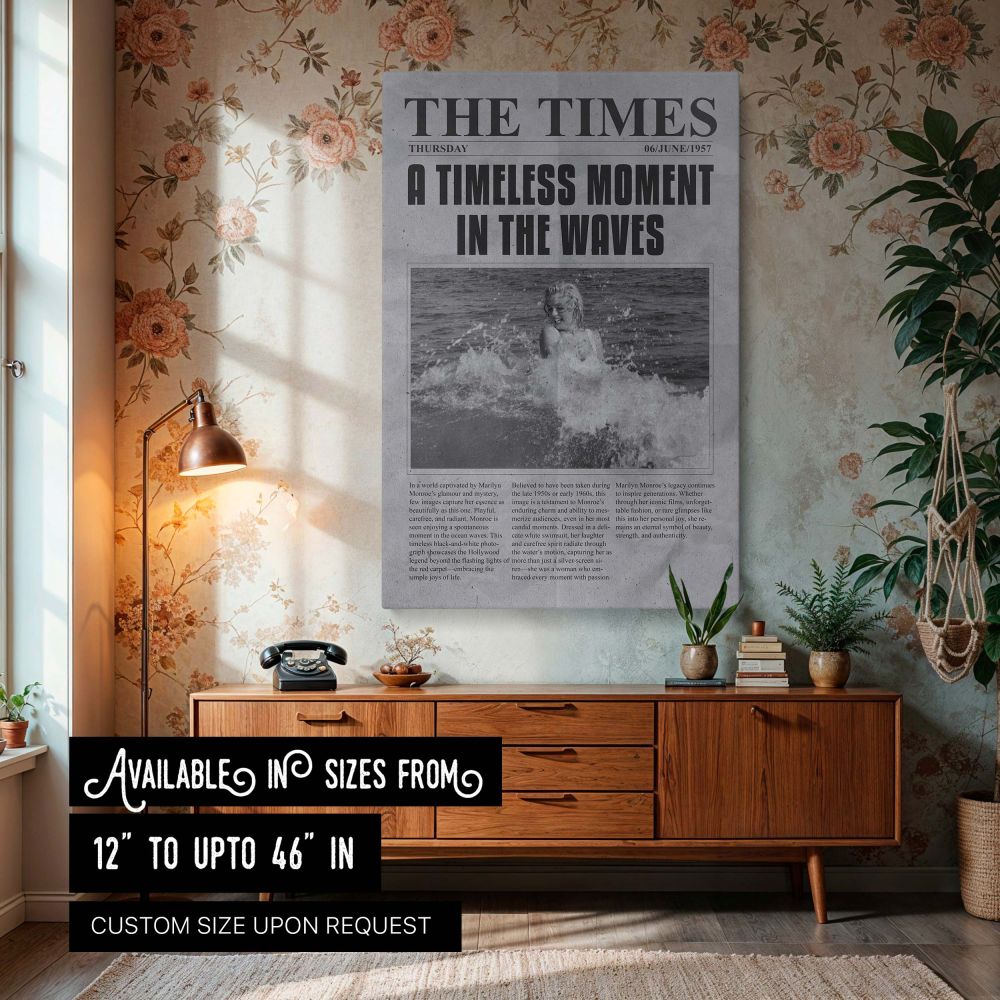 Marilyn Monroe vintage black and white beach photo in newspaper layout showing her splashing in ocean waves iconic Hollywood image great for wall decor lovers of classic film retro style and timeless beach fashion statement art print.