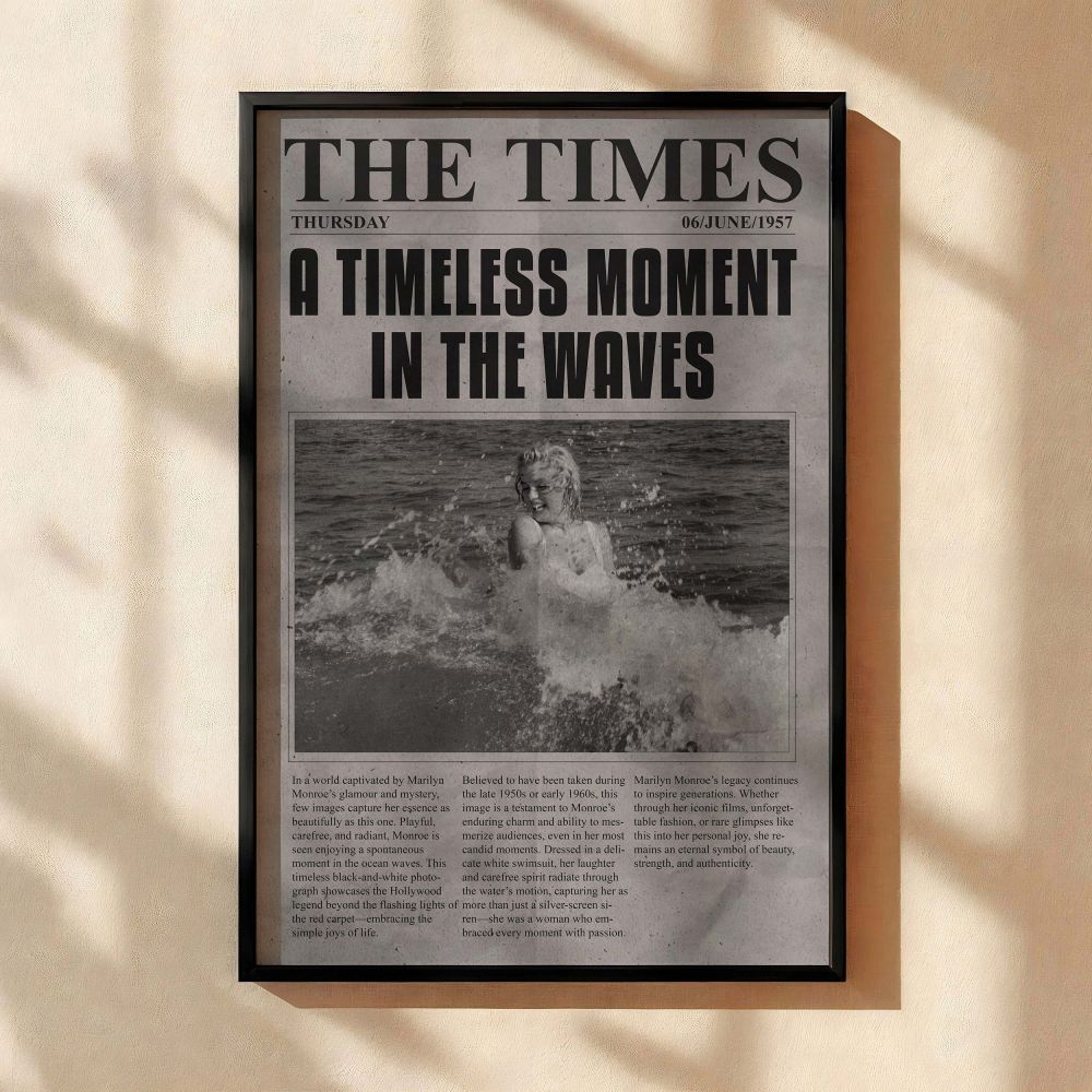 Black and white Marilyn Monroe ocean wave poster styled as a 1957 newspaper cover elegant and nostalgic artwork capturing vintage beach joy and classic glamour for lovers of old Hollywood photography and stylish decor prints.