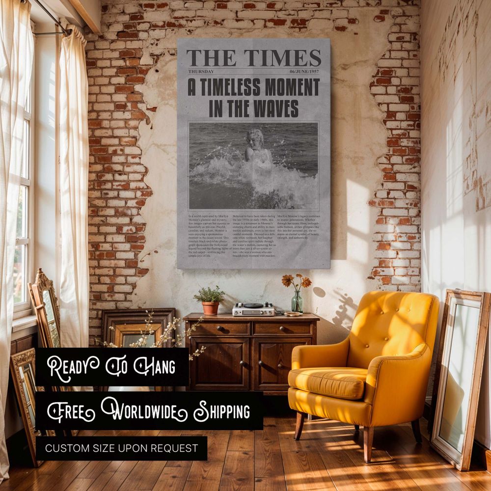 Retro-inspired Marilyn Monroe wall art featuring a faux newspaper headline and a photo of her enjoying the ocean iconic 1950s Hollywood beach moment perfect for vintage fashion fans and timeless wall art collectors.