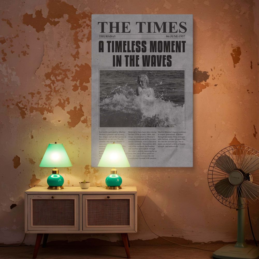 This vintage Marilyn Monroe art print captures her splashing joyfully in ocean waves designed like a 1957 newspaper page perfect for classic cinema fans lovers of old movie stars and stylish nostalgic wall decor.