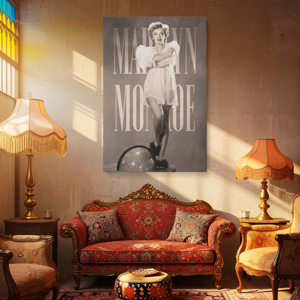 Retro photo print of Marilyn Monroe standing on a globe in high-fashion pose wearing a sheer dress this bold and beautiful image captures the essence of classic pinup beauty and adds vintage Hollywood appeal to any space.