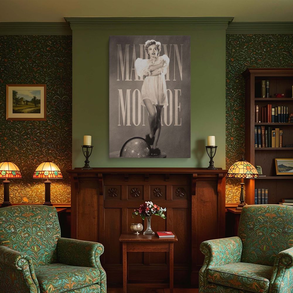 Glamorous vintage wall art of Marilyn Monroe showing her in a translucent white dress with dramatic lighting standing atop a globe this nostalgic photograph captures 1950s star power and is ideal for film lovers and pinup print collectors.