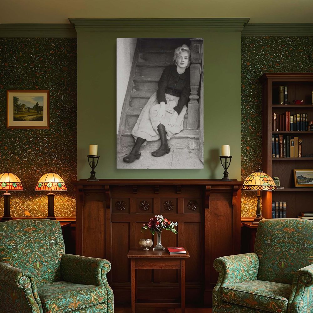 Marilyn Monroe captured in a rustic setting seated on an old staircase in timeless black and white this vintage photo wall art emphasizes her classic beauty and is perfect for retro interior design lovers and collectors of Hollywood prints.