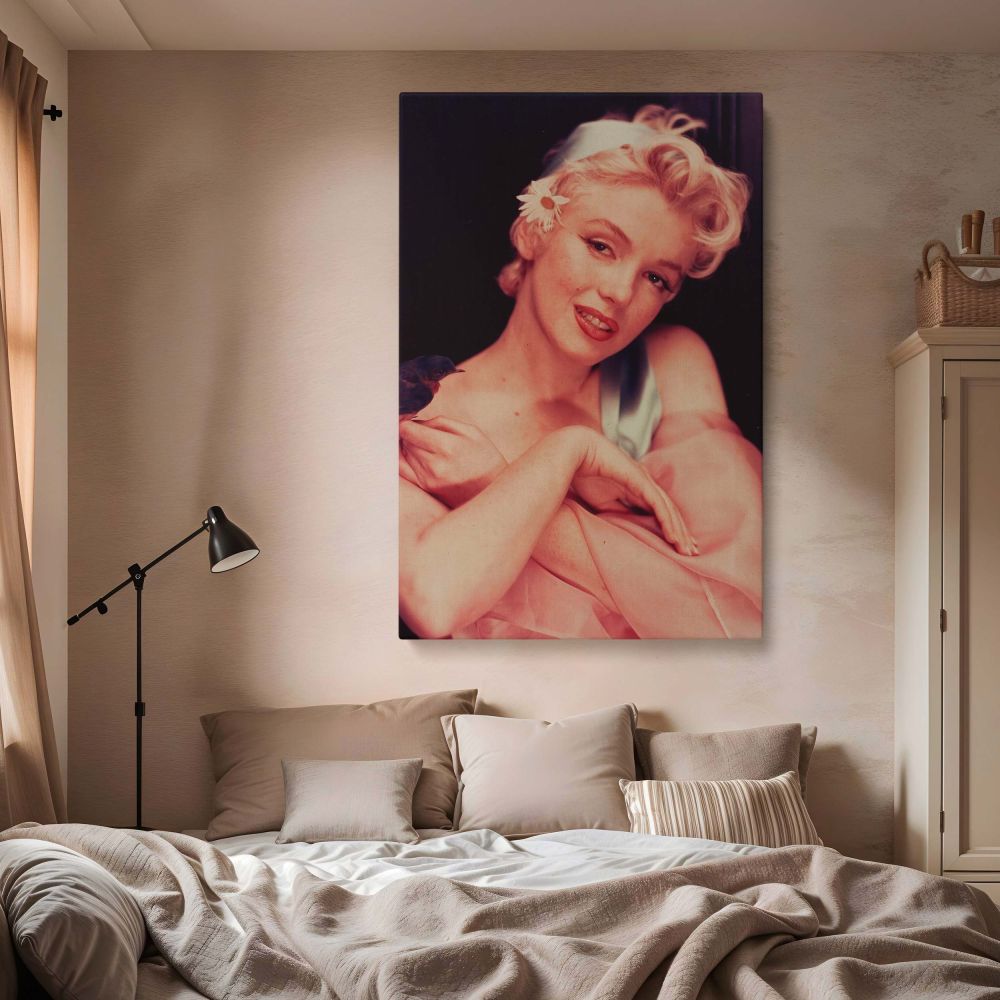 Elegant portrait of Marilyn Monroe in satin and chiffon with a daisy and bird perched gently, perfect for vintage actress wall decor.