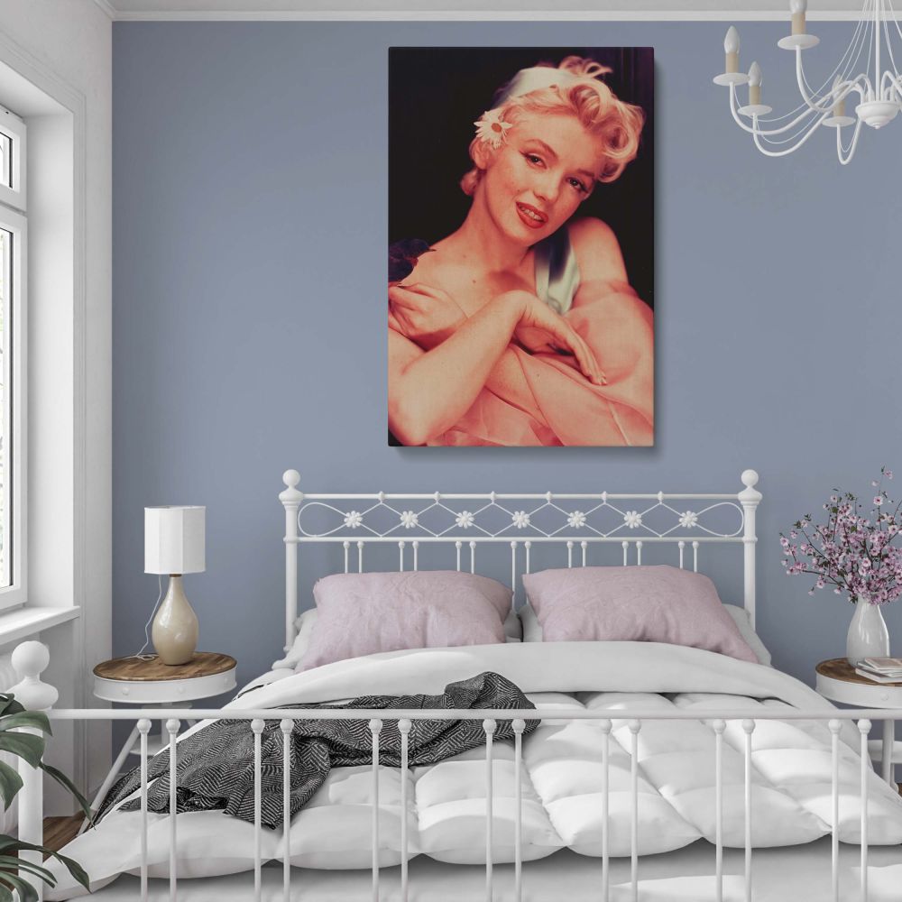 Pink shawl and bird portrait of Marilyn Monroe showcasing 1950s beauty and grace in a vintage Hollywood-inspired photo print.
