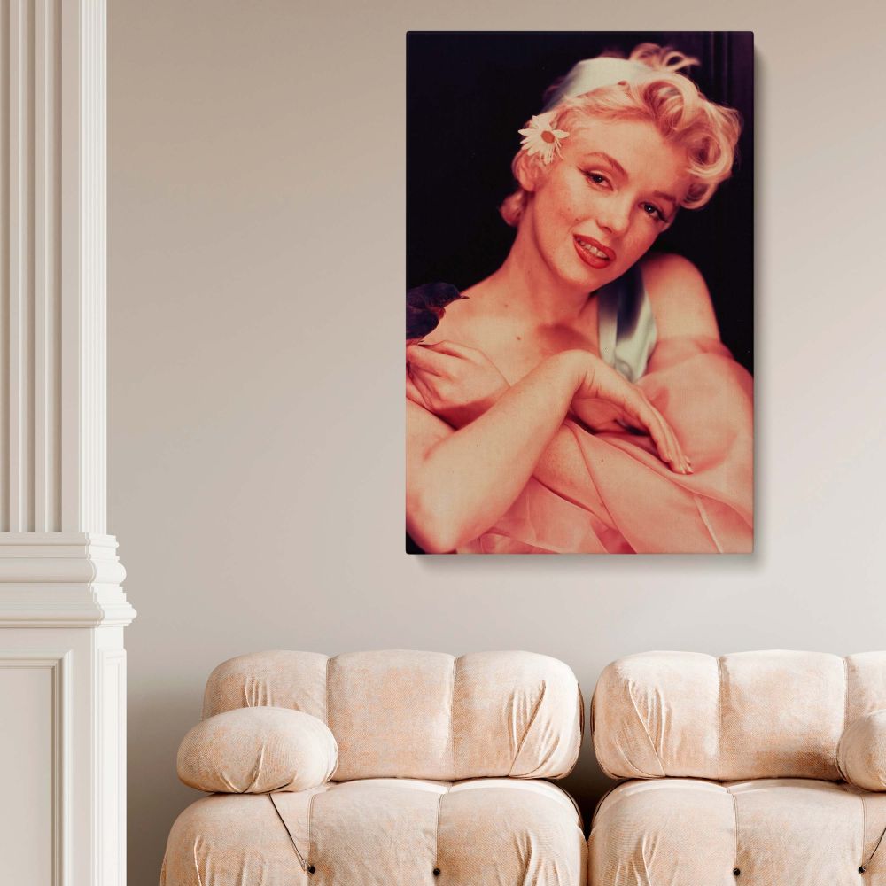 Marilyn Monroe photo with flower in hair and serene expression for soft feminine wall art with retro vintage tones and classic beauty.