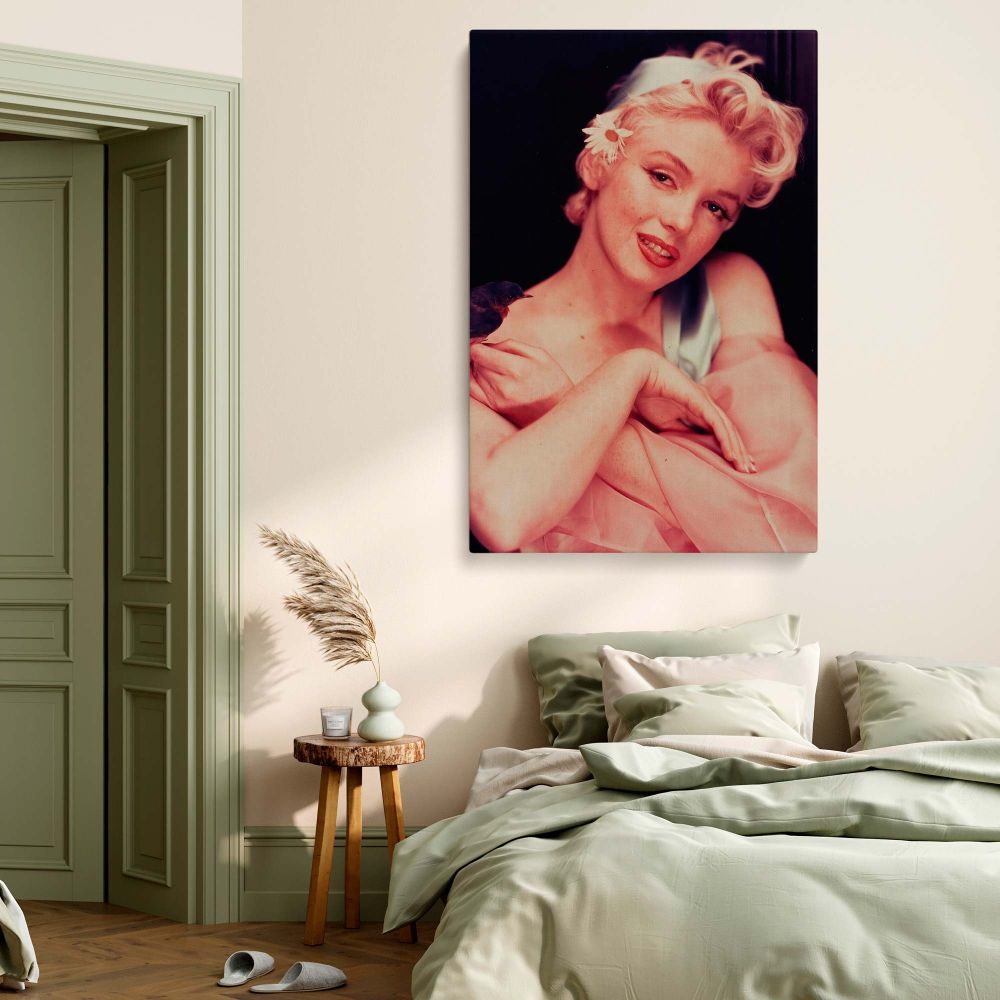 Dreamy portrait of Marilyn Monroe with delicate bird and floral styling for a pastel retro art print with old Hollywood aesthetic.