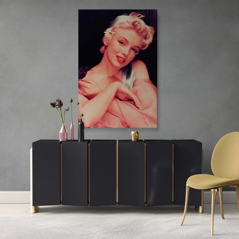 Vintage Hollywood art featuring Marilyn Monroe in a gentle and poetic setting with pink shawl and elegant soft lighting.