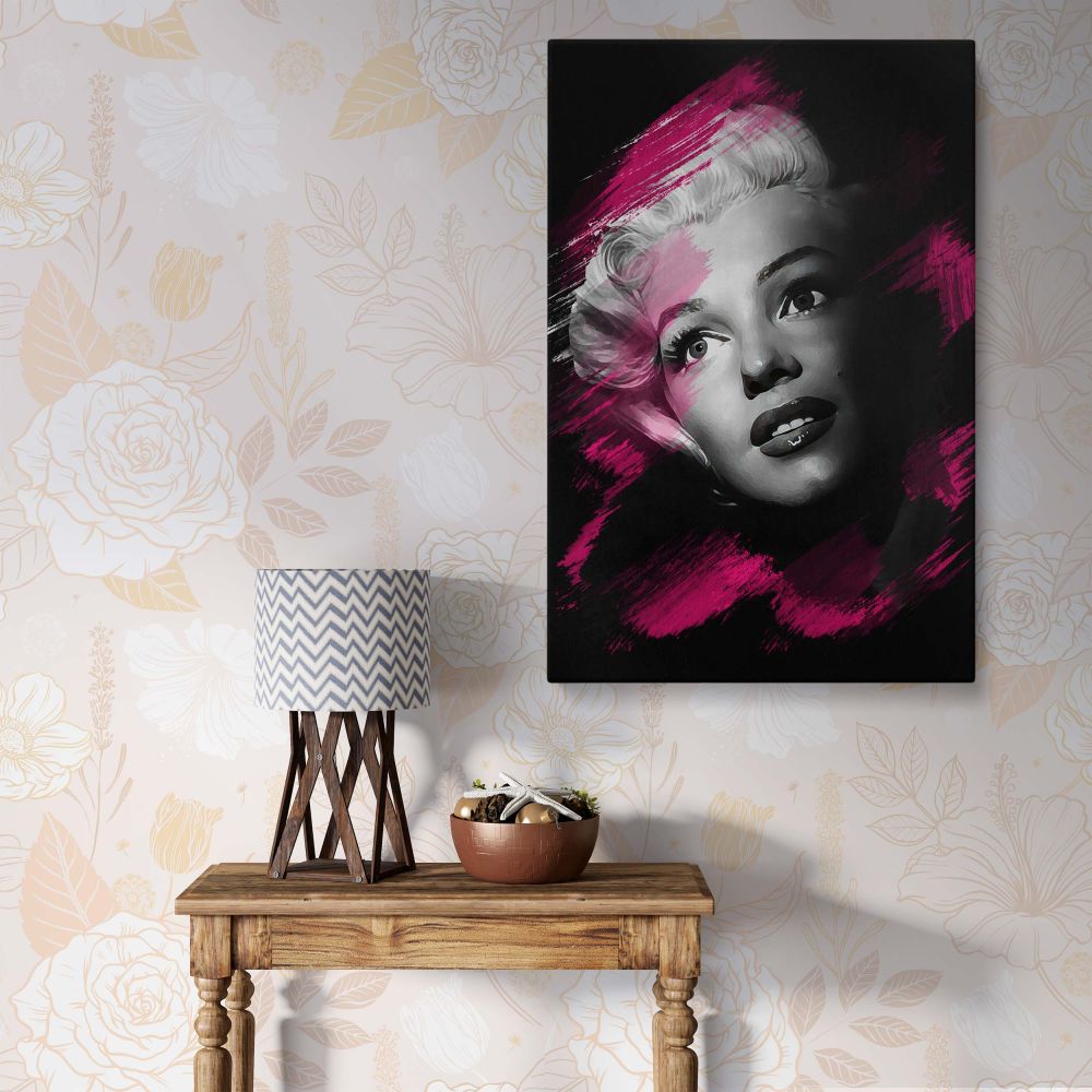 Marilyn Monroe painted pop art portrait with pink brush strokes features a dramatic black and white canvas effect perfect for retro Hollywood wall print fans and bold modern actress home decor lovers.