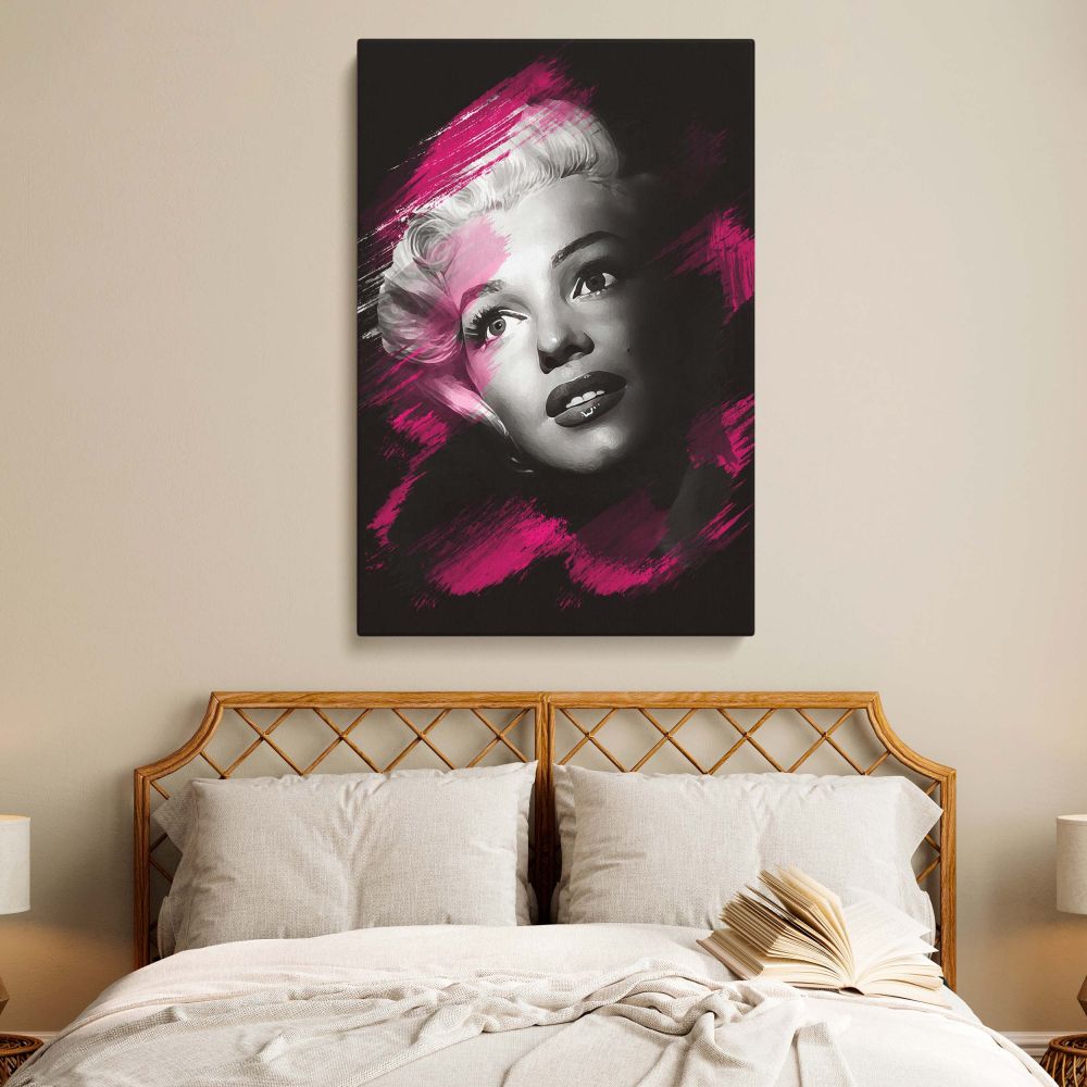Black and white canvas print of Marilyn Monroe in expressive pop art portrait with vivid pink accents ideal for retro Hollywood wall decor and modern actress home statement art.