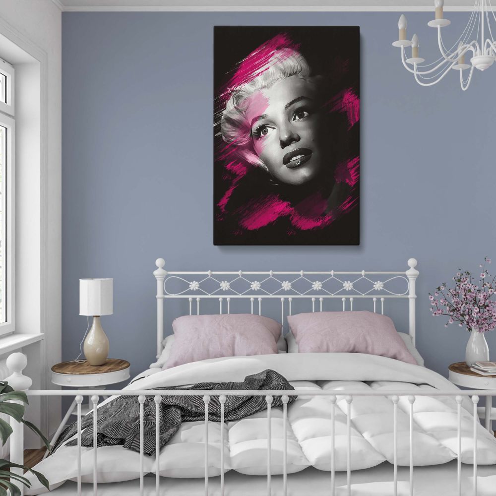 Vivid Marilyn Monroe painted pop art portrait with hot pink brush effects across black and white canvas background perfect for bold retro Hollywood wall print and home decor fans.