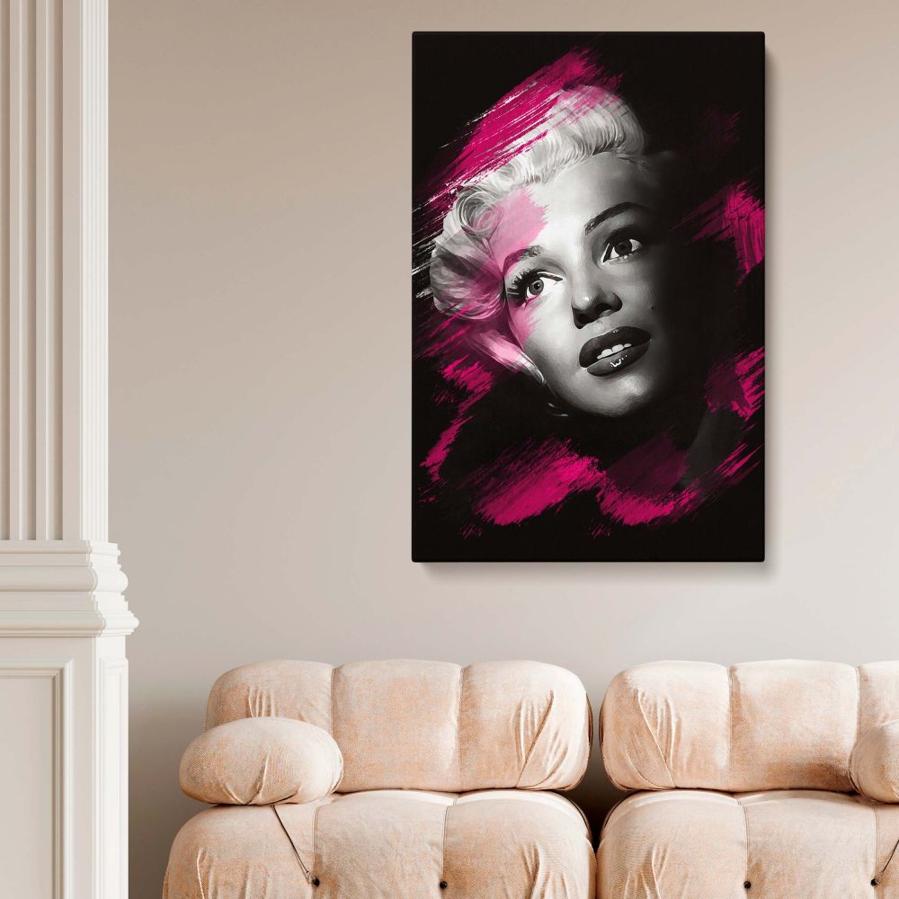 High-impact Marilyn Monroe art with pink brush stroke overlays and grayscale detailing designed as pop art wall print for black and white canvas and modern actress home decor lovers.