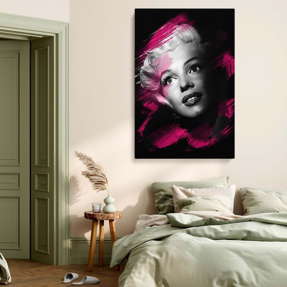 Marilyn Monroe portrait in a hand-painted pop art style featuring intense black and white canvas tones and pink brush accents for retro Hollywood and modern actress decor themes.
