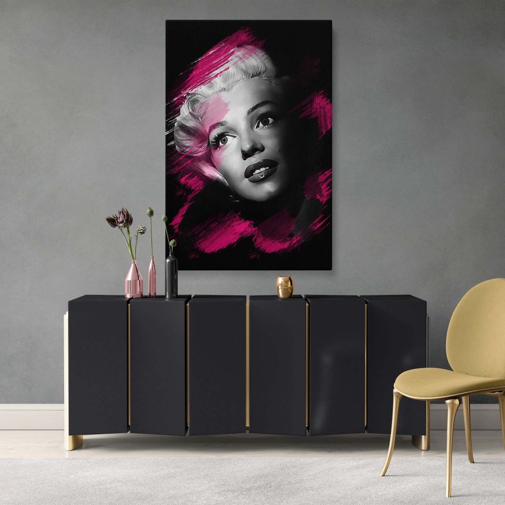 Pop art inspired black and white portrait of Marilyn Monroe with expressive pink brushwork printed on canvas perfect for fans of retro Hollywood wall print and dramatic home decor.