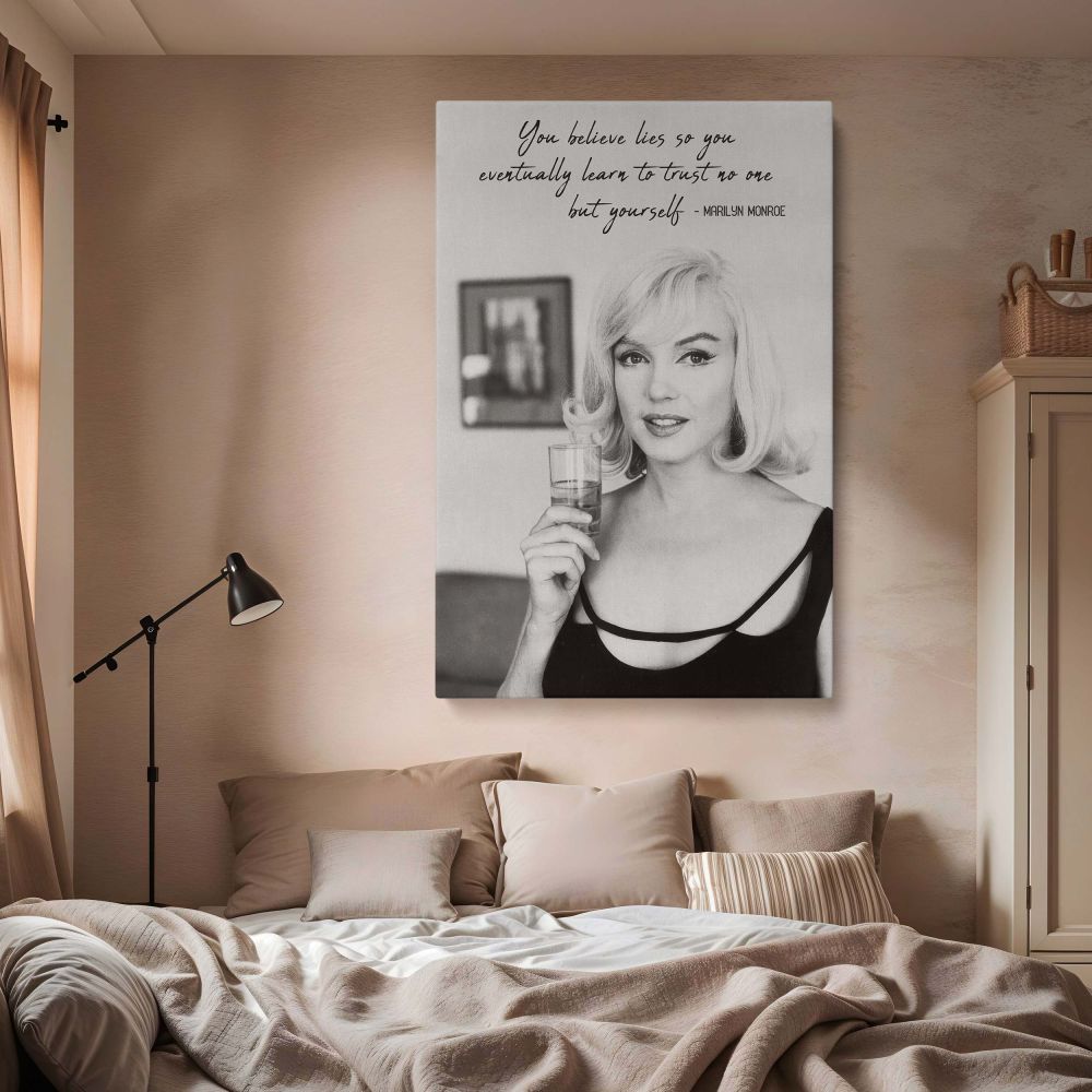 Empowering wall art of Marilyn Monroe holding a glass in a vintage black and white portrait with her handwritten quote above ideal for retro actress decor and vintage Hollywood print collections for lovers of classic star beauty and strength.