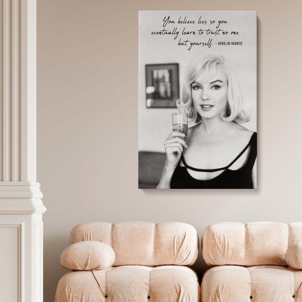 Classic Marilyn Monroe portrait holding a glass featured with her motivational quote in this empowering wall art poster designed for vintage Hollywood print lovers and retro actress decor fans seeking inspirational celebrity moments.