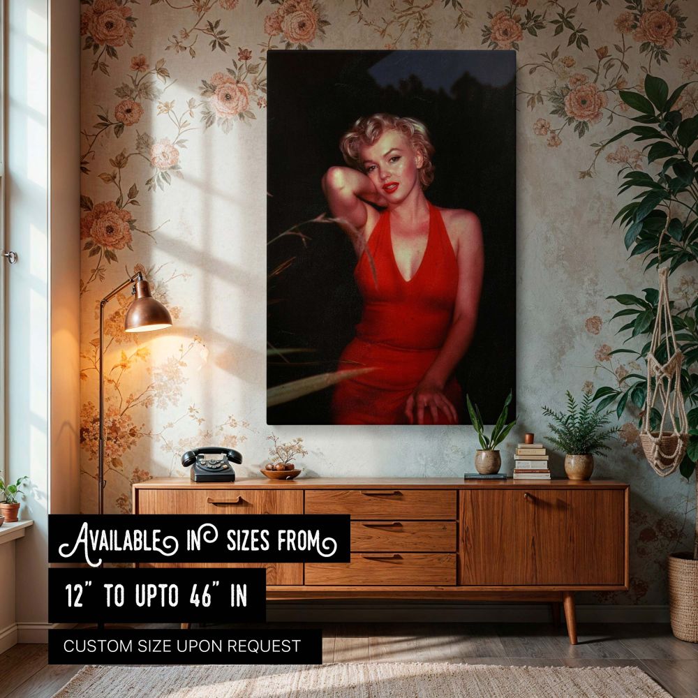 Marilyn Monroe in a vibrant red halter dress captured in a vintage fashion photo where she gazes with poise and allure this Hollywood wall art embodies the golden era of film showcasing the iconic actress as a symbol of glamour for retro home decor and el