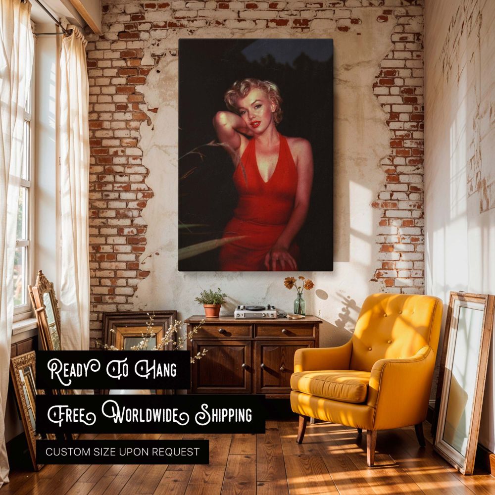 This dramatic vintage fashion photo of Marilyn Monroe in a sleeveless red dress evokes the sophistication of old Hollywood wall art designed for retro home decor lovers this portrait of the iconic actress highlights her soft curls radiant skin and unforge