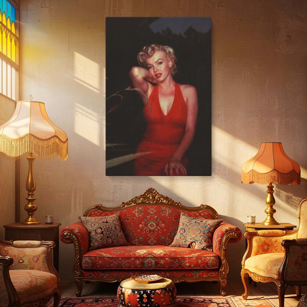 Featuring Marilyn Monroe posed gracefully in a deep red gown against a shadowy background this vintage fashion photo adds instant elegance to any Hollywood wall art collection and is an essential piece for fans of retro home decor or admirers of the iconi