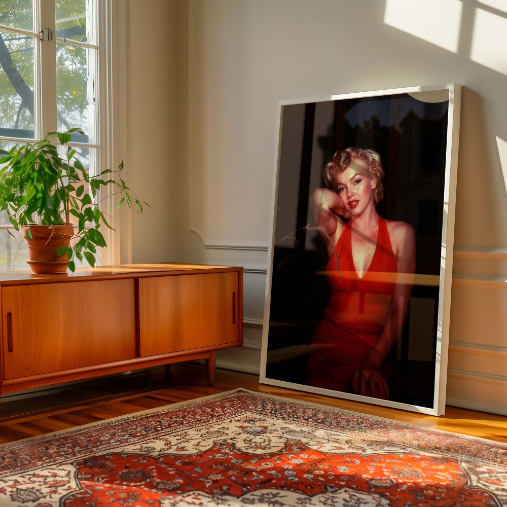 This elegant vintage fashion photo of Marilyn Monroe in a red evening gown radiates star power and 1950s glamour making it an ideal choice for Hollywood wall art lovers and retro home decor enthusiasts looking to showcase the legacy of an iconic actress i