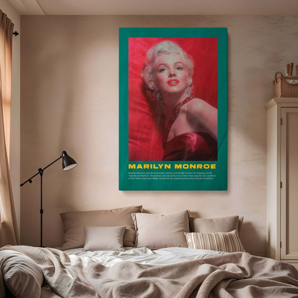 This canvas wall art of Marilyn Monroe in red dress vintage poster with green retro frame features bold typography and classic styling ideal for retro movie collectors and fans of glamorous classic Hollywood photo print art that honors iconic film legends