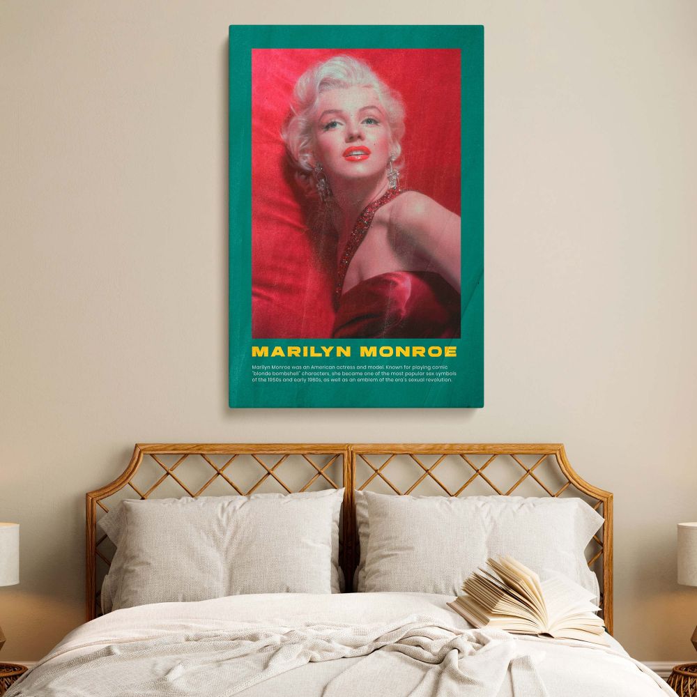 Vintage poster style canvas featuring Marilyn Monroe in red dress with green retro frame combines old Hollywood charm with modern design perfect for retro decor lovers and collectors of classic Hollywood photo print and bold canvas wall art featuring movi