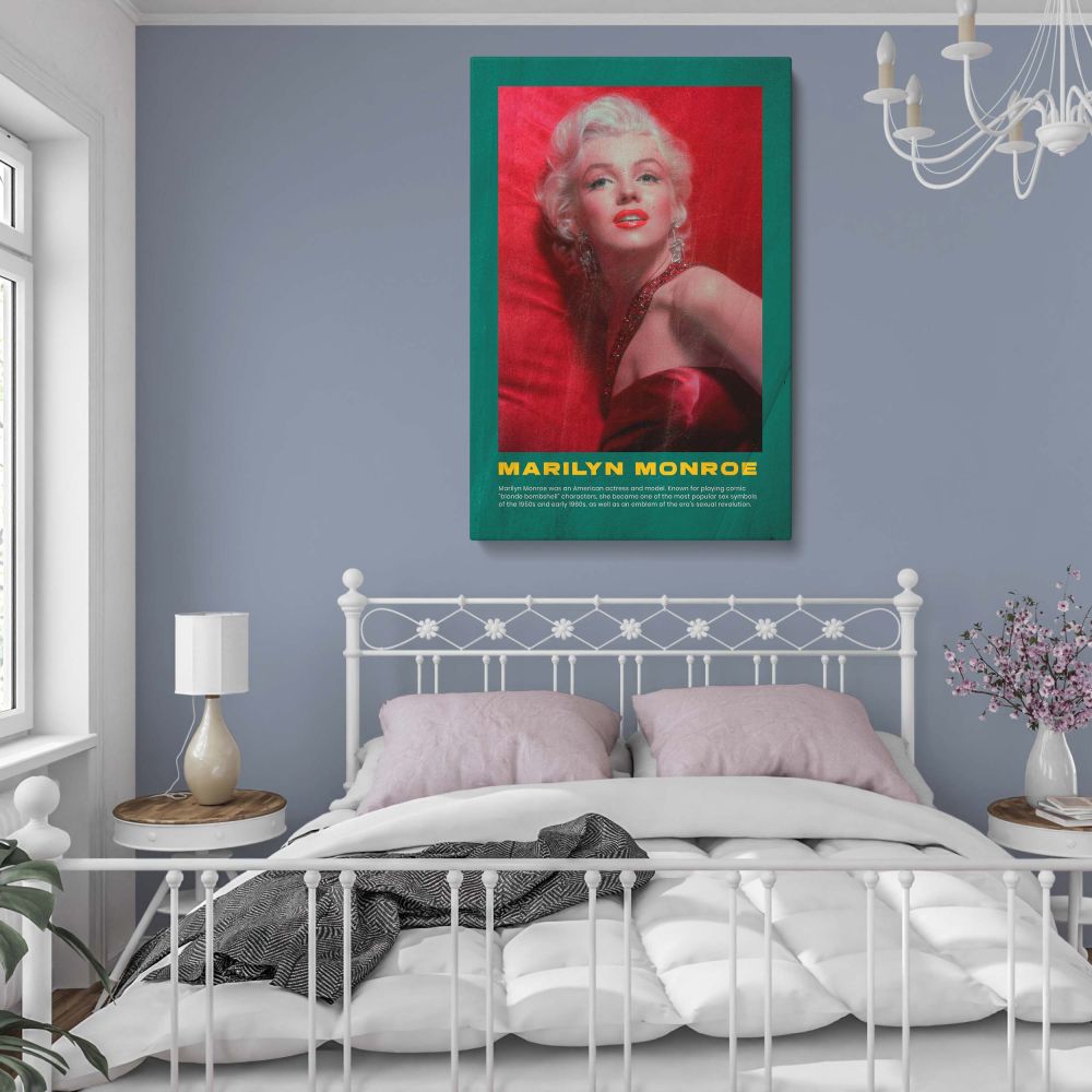 Marilyn Monroe vintage poster in red dress with sparkling earrings and green retro frame offers dramatic Hollywood styling great for retro actress wall decor canvas wall art lovers and fans of classic Hollywood photo print fashion and bold cinematic portr