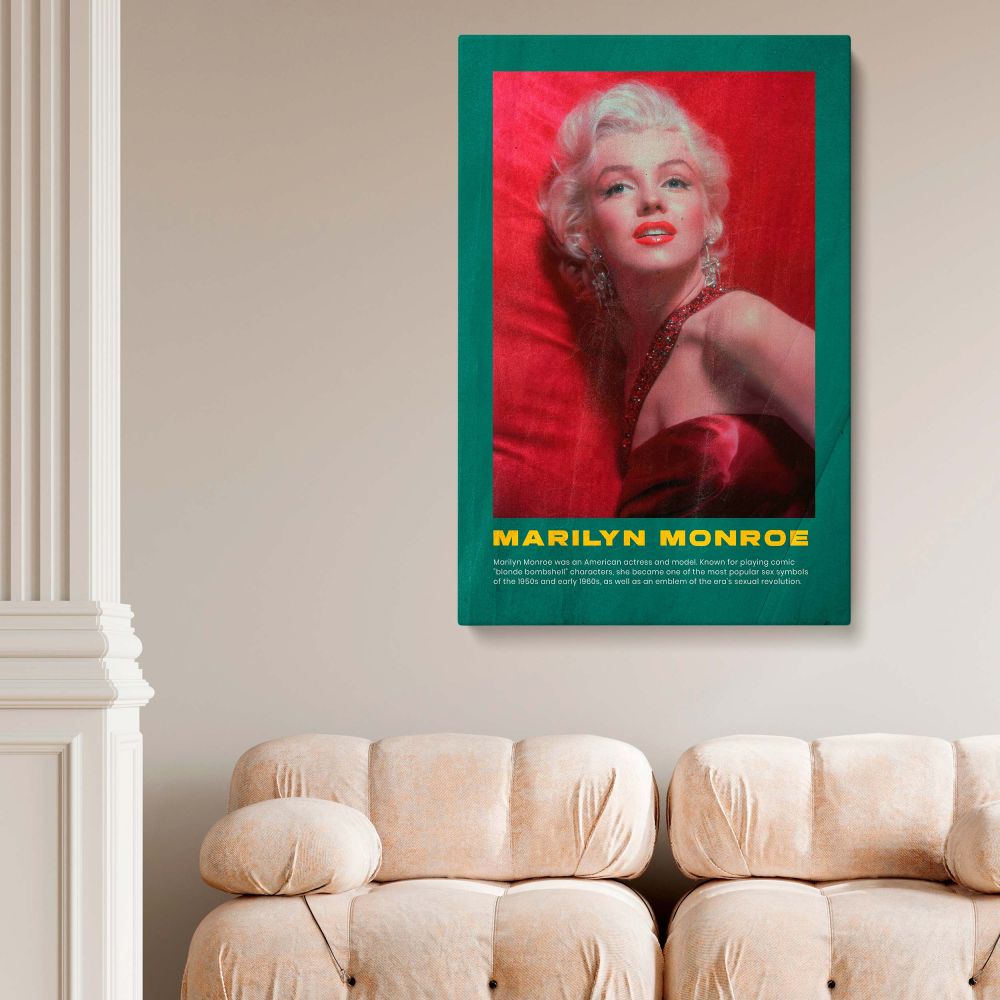 This retro-inspired canvas print shows Marilyn Monroe in a glamorous red dress with a green poster-style frame great for fans of vintage poster wall decor canvas wall art and classic Hollywood photo print that highlights iconic actresses and film star gla