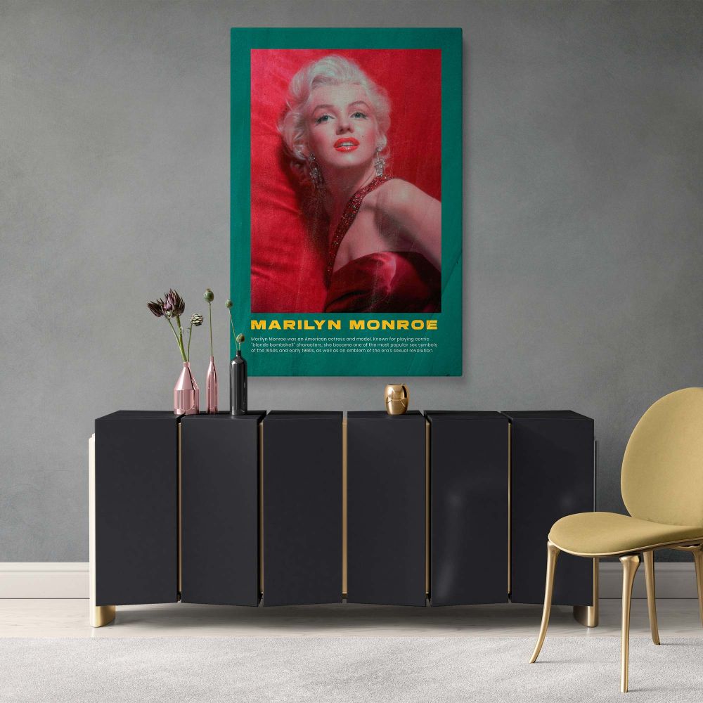 Marilyn Monroe in red dress featured in a bold green retro frame styled like a vintage poster perfect for canvas wall art and retro actress decor fans who admire classic Hollywood photo print design and elegant golden age movie portraits.