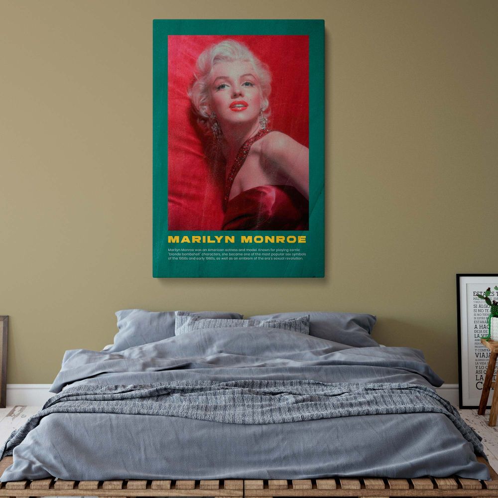 This Marilyn Monroe red dress vintage poster with green retro frame captures her elegance and beauty in a cinematic pose great for classic Hollywood photo print lovers and canvas wall art fans seeking retro glamour and timeless visual appeal.
