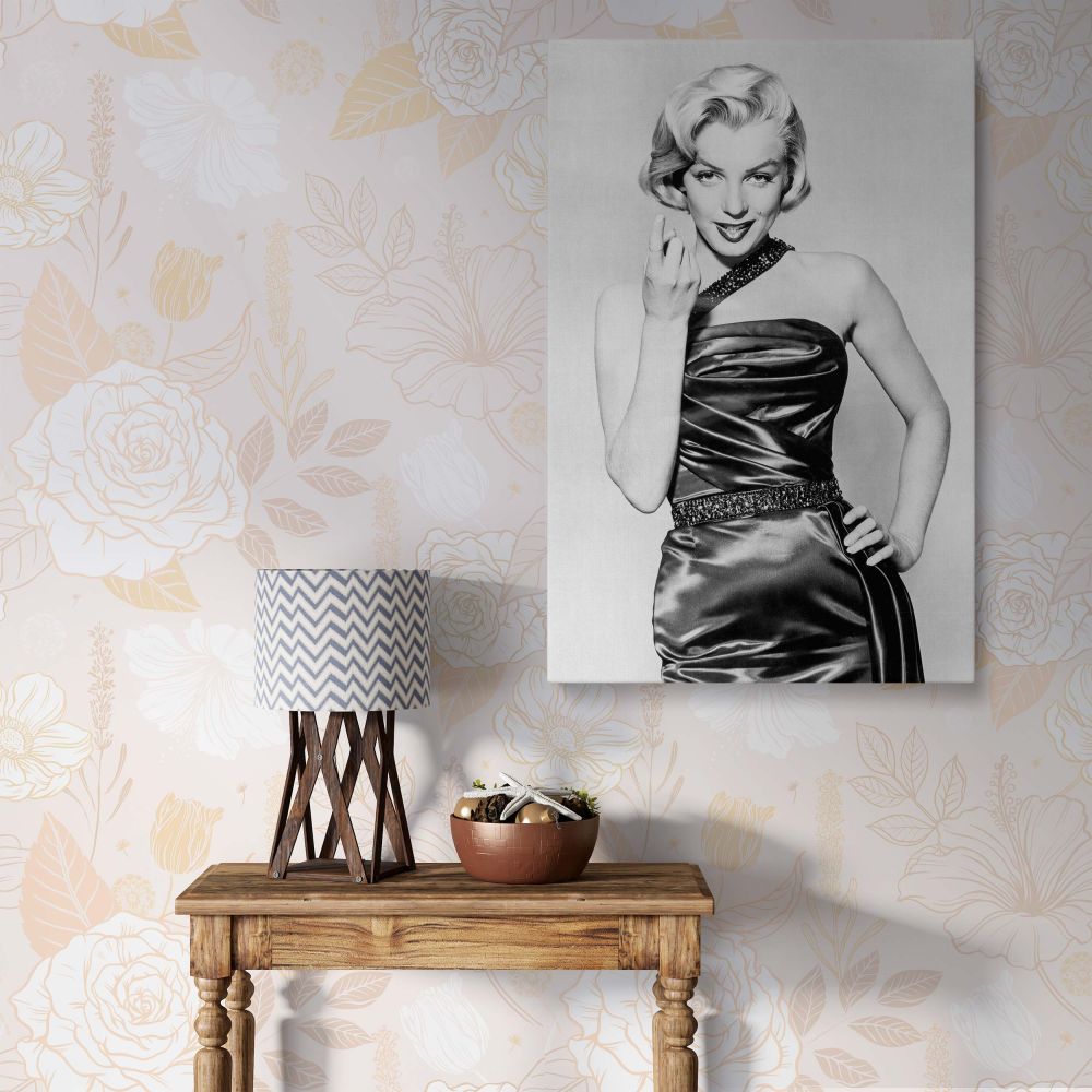 Marilyn Monroe iconic black and white portrait captured in a luxurious satin gown with one-shoulder detail perfect for vintage Hollywood canvas print and retro actress wall art lovers seeking a bold and glamorous classic fashion photo for stylish interior
