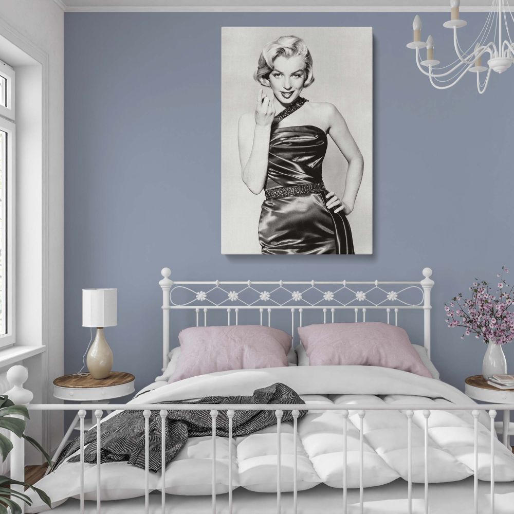 Marilyn Monroe photographed in a glamorous satin dress and confident hand gesture perfect for fans of vintage Hollywood canvas print and retro actress wall art with a stylish twist on a classic fashion photo aesthetic.