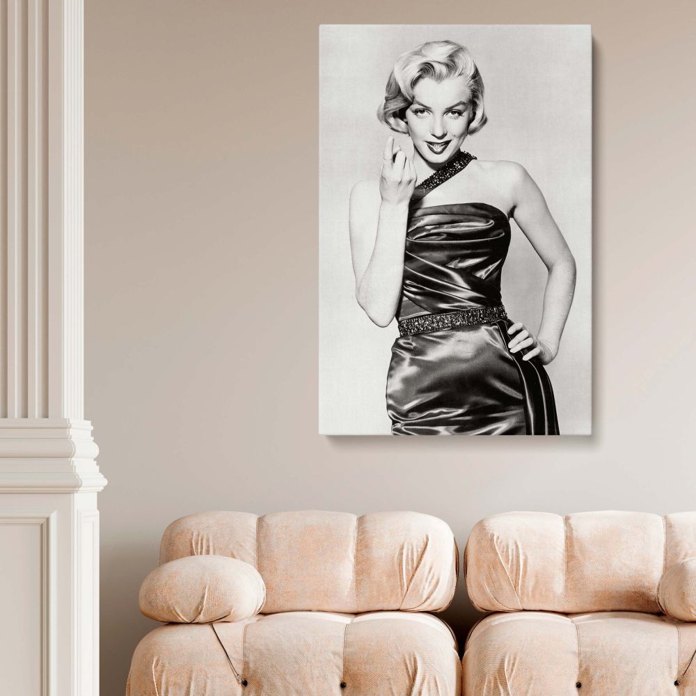 Vintage Hollywood canvas print of Marilyn Monroe in a smooth satin gown with poised expression great for retro actress wall art and classic fashion photo collectors wanting a bold and iconic black and white portrait.