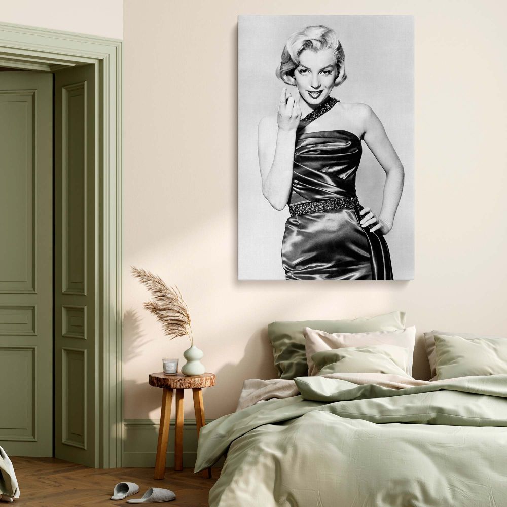 Monroe exudes timeless charm in this black and white satin gown portrait perfect for vintage Hollywood canvas print and classic fashion photo inspired retro actress wall art showcasing iconic film star elegance.