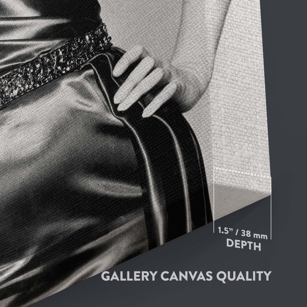 Marilyn Monroe stands poised in a luxurious satin gown in this iconic black and white portrait ideal for vintage Hollywood canvas print retro actress wall art and timeless classic fashion photo room styling.