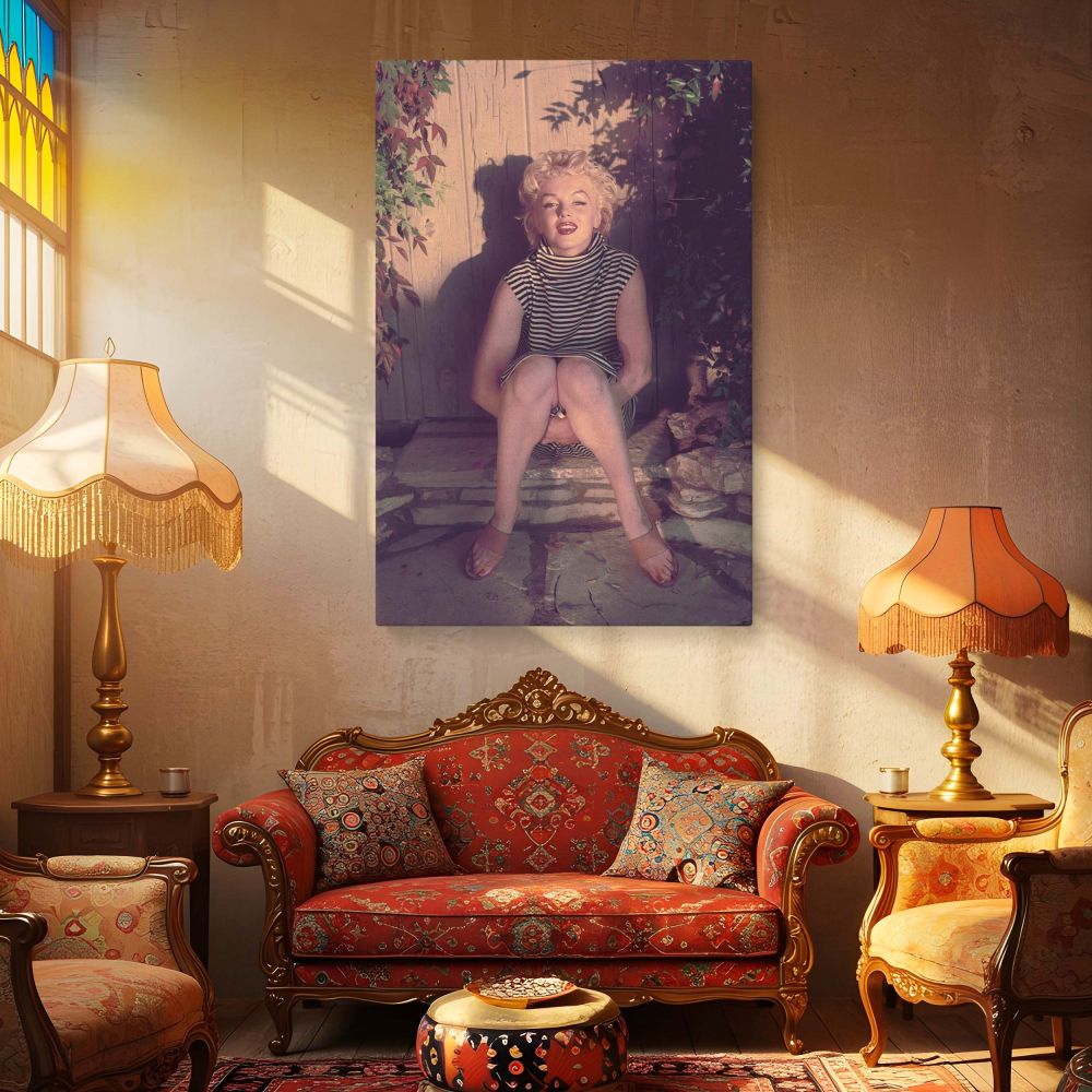 Marilyn Monroe gazes forward in a peaceful moment wearing a striped high-neck dress as she sits in a curled position framed by rustic wooden textures and foliage making this vintage fashion photo a beautiful statement piece for retro inspired interiors or