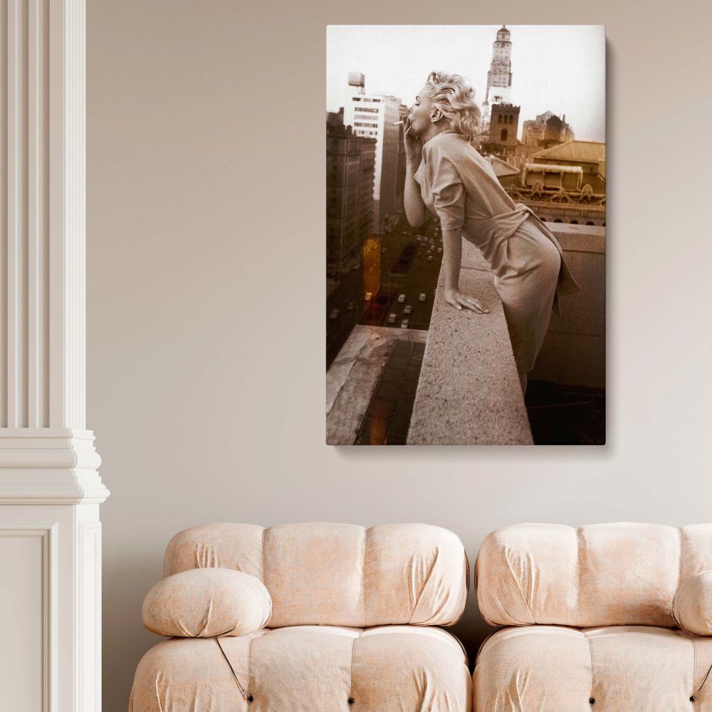 Classic photo of Marilyn Monroe blowing a kiss over the city for confident woman wall art and vintage lovers.