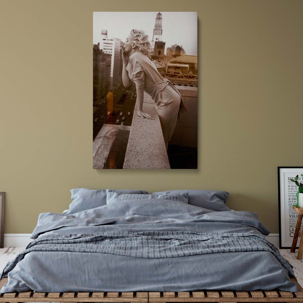 Vintage photo art of Marilyn Monroe sending kiss to skyline ideal for black and white print or canvas gift.