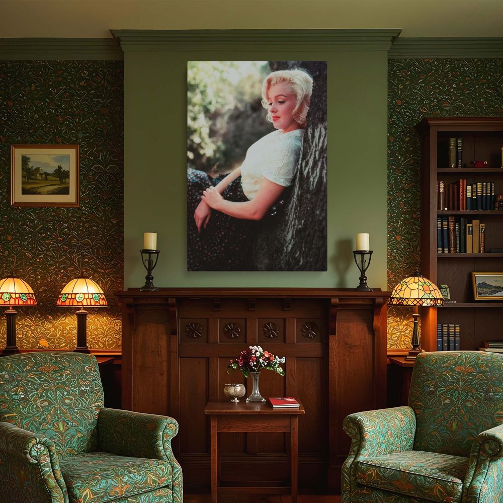 This elegant canvas print shows Marilyn Monroe in a serene woodland setting wearing a floral skirt and classic white blouse highlighting her natural grace and the charm of old Hollywood glamour perfect for vintage wall art displays and admirers of iconic 