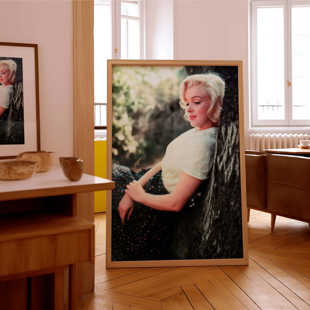 In this vintage wall art canvas print Marilyn Monroe is seen reclining against a tree dressed in floral and white attire with a contemplative expression offering a glimpse of her timeless appeal and making it a unique piece for Hollywood glamour and class