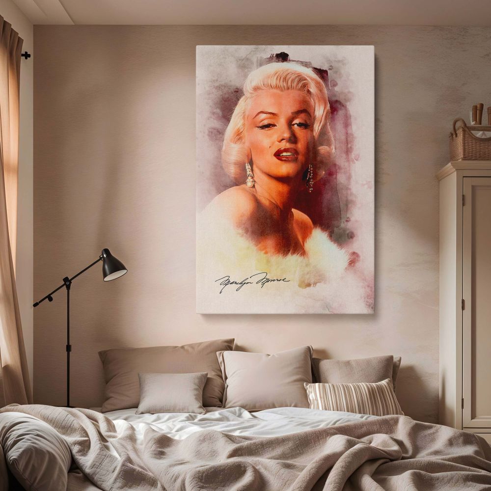 Elegant Marilyn Monroe watercolor style print with signature and soft fur detail makes a perfect vintage Hollywood canvas and retro wall art for classic actress decor collectors.