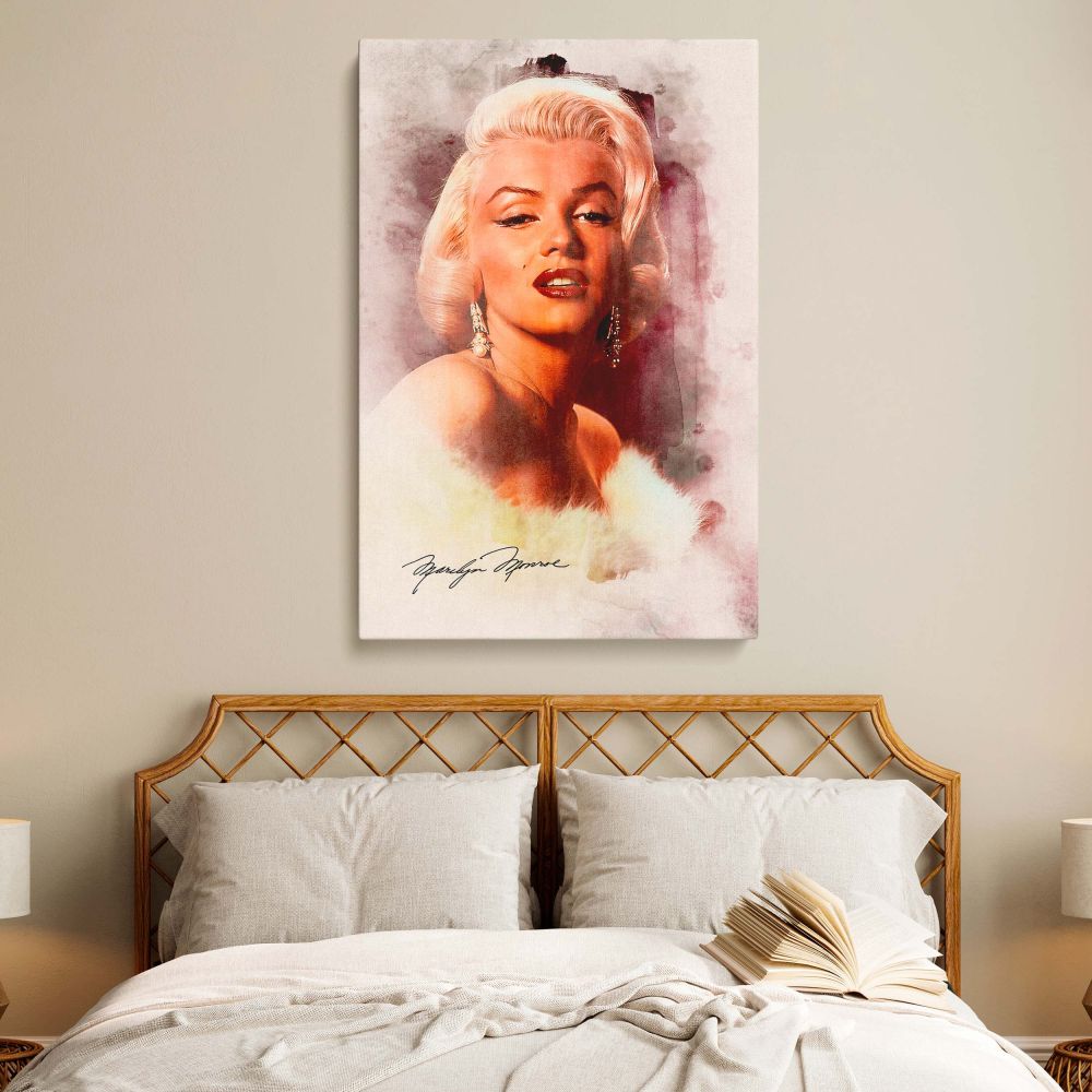 Vintage Hollywood canvas of Marilyn Monroe in watercolor tones with fur stole and her signature great for classic actress glamorous decor and stylish retro art print displays.